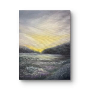 Hand-painted landscape artwork capturing the tranquility of nature. A soft, glowing sunset over a misty meadow, blending light and shadow in a calming composition.