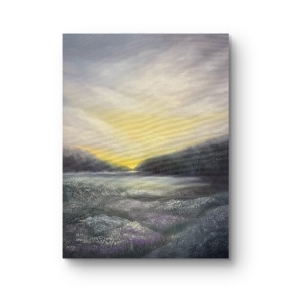 Hand-painted landscape artwork capturing the tranquility of nature. A soft, glowing sunset over a misty meadow, blending light and shadow in a calming composition.