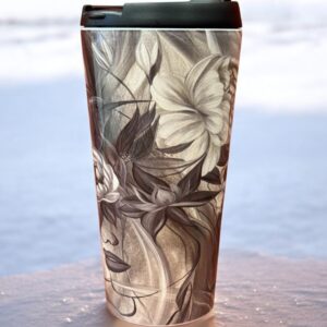 Thermal mug with artistic design – keeps drinks hot or cold for hours. Termo krūze ar māksliniecisku dizainu – uztur dzērienu karstu vai aukstu stundām ilgi.