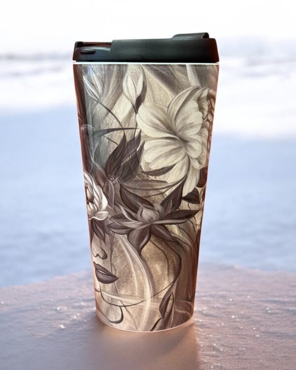 Thermal mug with artistic design – keeps drinks hot or cold for hours. Termo krūze ar māksliniecisku dizainu – uztur dzērienu karstu vai aukstu stundām ilgi.