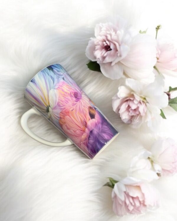 Elegant tall latte mug with a floral design featuring an original painting by Elis.Artworks, in soft pastel tones, standing on a white background with delicate flowers in the background